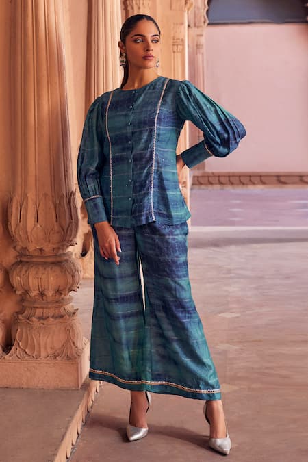 Studio Bagechaa Green Chanderi Silk Gota Patti, Sequins Round Preet Embroidered Top And Pant Set