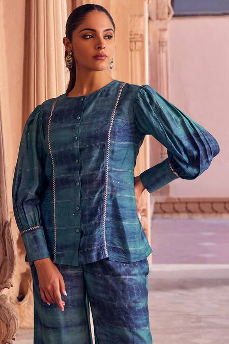 Studio Bagechaa Green Chanderi Silk Gota Patti, Sequins Round Preet Embroidered Top And Pant Set Online at Aza Fashions Studio Bagechaa_Green Chanderi Silk Gota Patti, Sequins Round Preet Embroidered Top And Pant Set _Online_at_Aza_Fashions