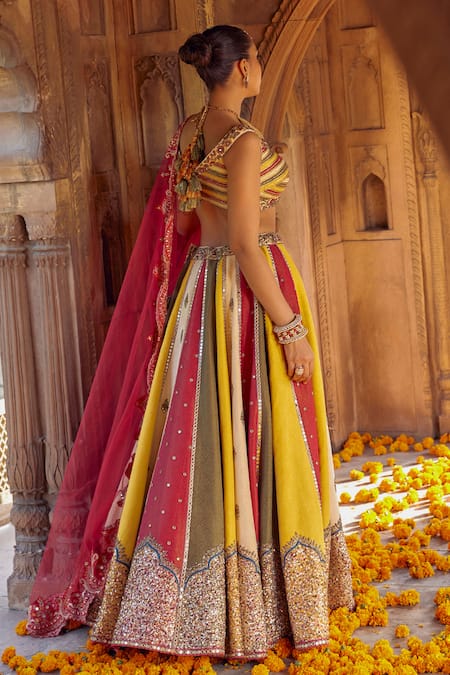 Shop Studio Bagechaa Multi Color Silk, Georgette Embroidery, Sequins Mangala Panelled Lehenga Set at Aza Fashions Shop_Studio Bagechaa_Multi Color Silk, Georgette Embroidery, Sequins Mangala Panelled Lehenga Set _at_Aza_Fashions
