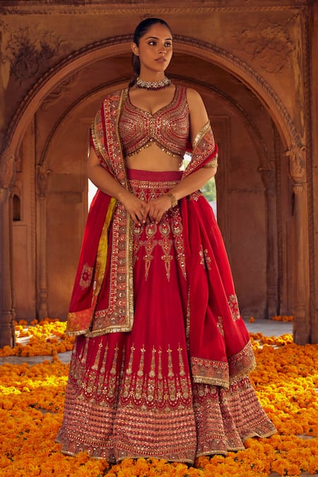 Studio Bagechaa Red Silk, Organza Sequins, Embroidery Hairat Resham And Mirror Lehenga Set