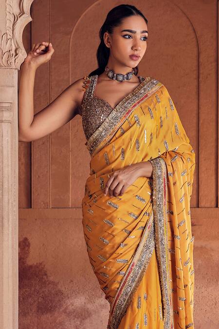 Studio Bagechaa_Yellow Silk, Linen Cut Work, Embroidery, Gota Patti, Lalita Saree And Blouse Set_Online_at_Aza_Fashions