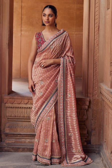 Buy Pink Raw Silk Embroidered Stripe Pattern V Bela Saree And Blouse Set  For Women by Studio Bagechaa Online at Aza Fashions.