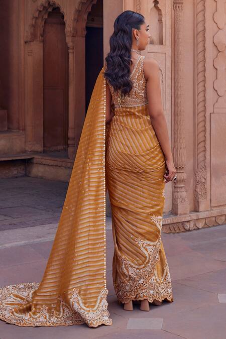 Shop Studio Bagechaa Yellow Silk, Organza Sequins, Embroidery Radha Striped Saree And Blouse Set at Aza Fashions Shop_Studio Bagechaa_Yellow Silk, Organza Sequins, Embroidery Radha Striped Saree And Blouse Set_at_Aza_Fashions