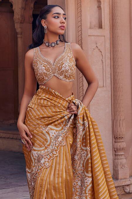 Studio Bagechaa Yellow Silk, Organza Sequins, Embroidery Radha Striped Saree And Blouse Set Online at Aza Fashions Studio Bagechaa_Yellow Silk, Organza Sequins, Embroidery Radha Striped Saree And Blouse Set_Online_at_Aza_Fashions