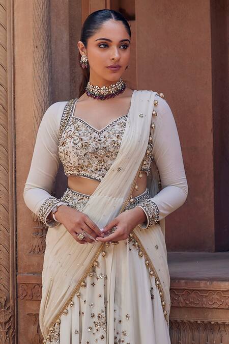 Studio Bagechaa_Ivory Georgette, Silk Beads, Sequins Janvi Embroidered Skirt Saree With Blouse _Online_at_Aza_Fashions