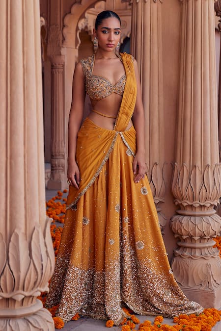 Studio Bagechaa Yellow Raw Silk Embroidered Cut Dana Pihu Sequin Skirt Saree With Blouse 