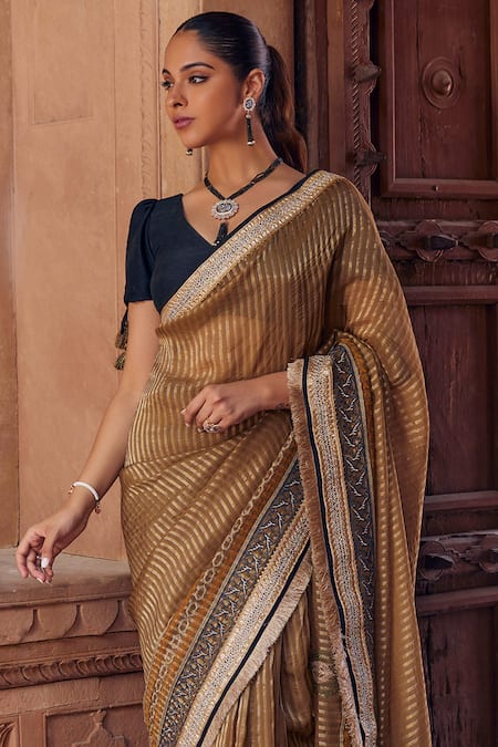 Studio Bagechaa_Beige Silk, Organza Embroidery V-neck Ananya Striped Saree And Blouse Set_Online_at_Aza_Fashions