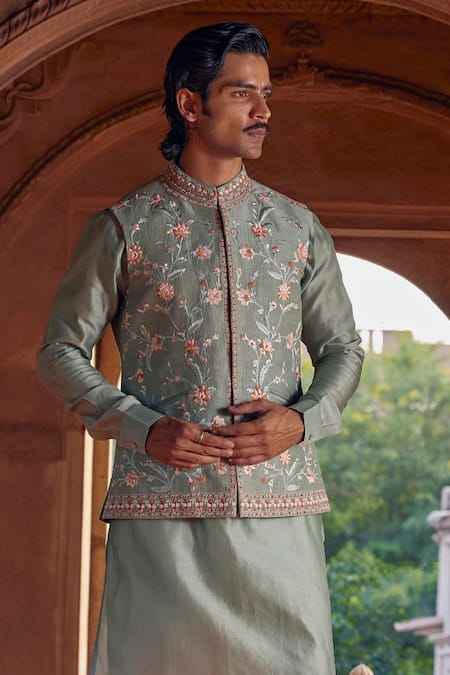 Studio Bagechaa Green Chanderi Embroidery Thread Bundi Set Online at Aza Fashions Studio Bagechaa_Green Chanderi Embroidery Thread Bundi Set _Online_at_Aza_Fashions