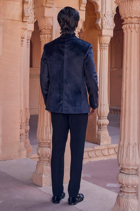 Shop Studio Bagechaa Blue Chanderi Metallic Thread Timeless Embroidered Notched Lapel Collar Tuxedo at Aza Fashions Shop_Studio Bagechaa_Blue Chanderi Metallic Thread Timeless Embroidered Notched Lapel Collar Tuxedo _at_Aza_Fashions