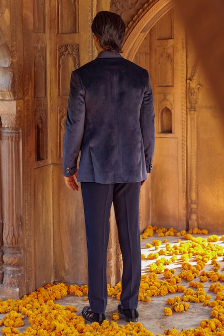 Shop Studio Bagechaa Blue Chanderi Embroidery, Sequins Orient Floral Dabka Tuxedo at Aza Fashions Shop_Studio Bagechaa_Blue Chanderi Embroidery, Sequins Orient Floral Dabka Tuxedo _at_Aza_Fashions