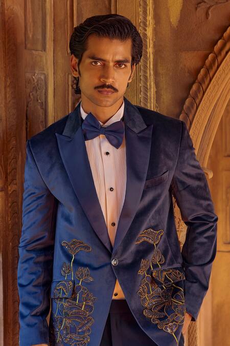 Studio Bagechaa Blue Chanderi Embroidery, Sequins Orient Floral Dabka Tuxedo Online at Aza Fashions Studio Bagechaa_Blue Chanderi Embroidery, Sequins Orient Floral Dabka Tuxedo _Online_at_Aza_Fashions