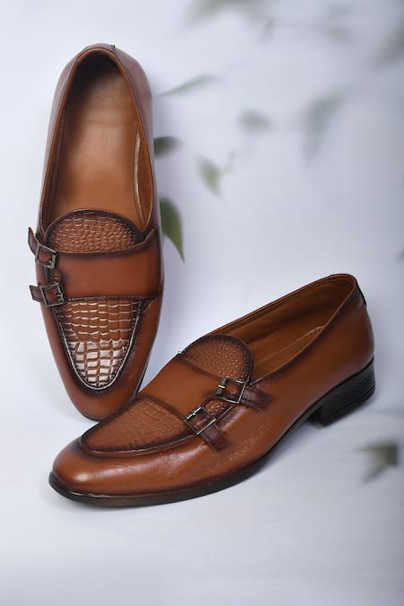 Arihant Rai Sinha Brown Textured Leather Double Monk Shoes 