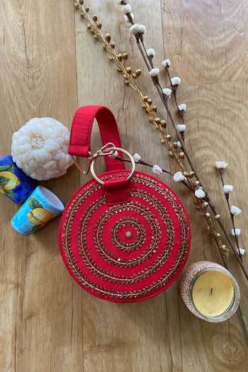 Priti Sahni_Red Embroidery, Sequins Bulls Eye Round Bag _Online_at_Aza_Fashions