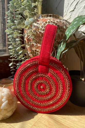 Buy_Priti Sahni_Red Embroidery, Sequins Bulls Eye Round Bag _Online_at_Aza_Fashions