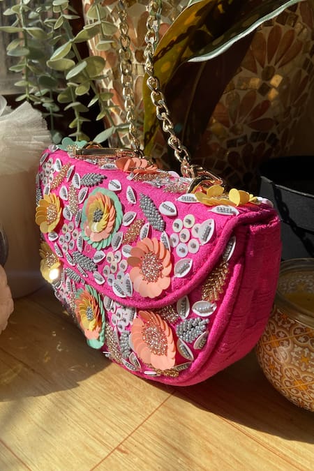 Priti Sahni_Pink Embroidery Hand Waist Sling Bag _Online_at_Aza_Fashions
