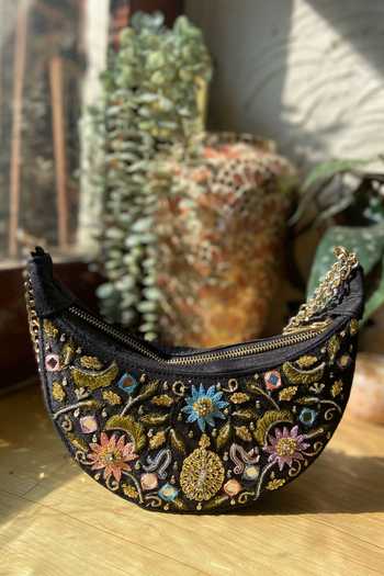 Priti Sahni_Black Embroidery, Beads, Mirrors Crescent Garden Shoulder Bag _Online_at_Aza_Fashions
