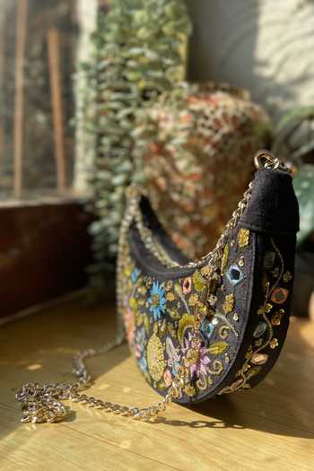 Buy_Priti Sahni_Black Embroidery, Beads, Mirrors Crescent Garden Shoulder Bag _Online_at_Aza_Fashions