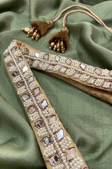 Shop Priti Sahni Gold Embroidery, Pearls, Mirrors And Belt Online at Aza Fashions Shop_Priti Sahni_Gold Embroidery, Pearls, Mirrors And Belt _Online_at_Aza_Fashions