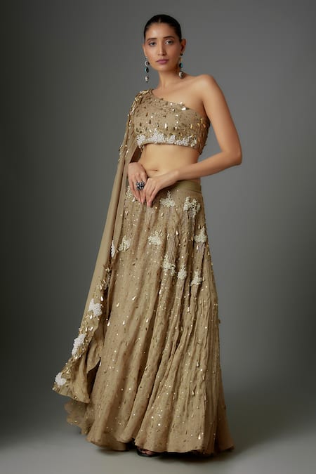 Shop Divya Kanakia Gold Georgette Pearls, Beads One Shoulder Embroidered Lehenga With Blouse at Aza Fashions Shop_Divya Kanakia_Gold Georgette Pearls, Beads One Shoulder Embroidered Lehenga With Blouse _at_Aza_Fashions