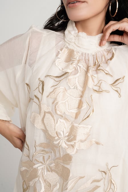 Madder Much White Handloom Cotton, Chanderi Silk Embroidery High Floral Tunic And Pant Set Online at Aza Fashions Madder Much_White Handloom Cotton, Chanderi Silk Embroidery High Floral Tunic And Pant Set _Online_at_Aza_Fashions