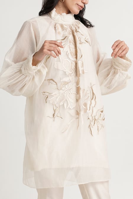 Buy Madder Much White Handloom Cotton, Chanderi Silk Embroidery High Floral Tunic And Pant Set Online at Aza Fashions Buy_Madder Much_White Handloom Cotton, Chanderi Silk Embroidery High Floral Tunic And Pant Set _Online_at_Aza_Fashions