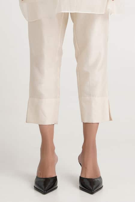 Shop Madder Much White Handloom Cotton, Chanderi Silk Embroidery High Floral Tunic And Pant Set Online at Aza Fashions Shop_Madder Much_White Handloom Cotton, Chanderi Silk Embroidery High Floral Tunic And Pant Set _Online_at_Aza_Fashions