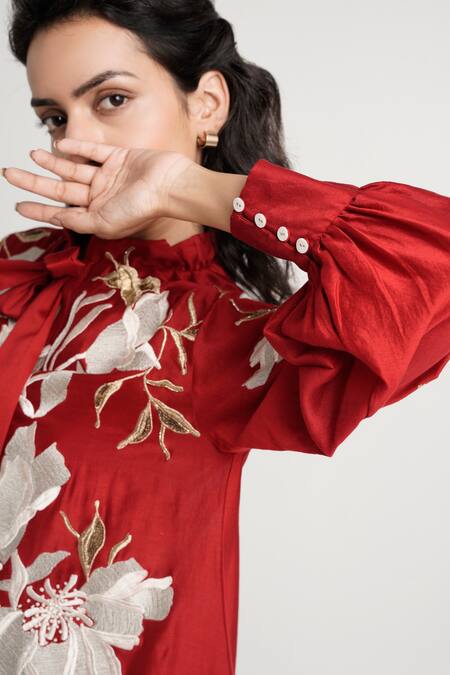 Madder Much_Red Handloom Cotton, Cotton, Silk Embroidery Aspen Inverted Hem Tie Midi Dress _Online_at_Aza_Fashions