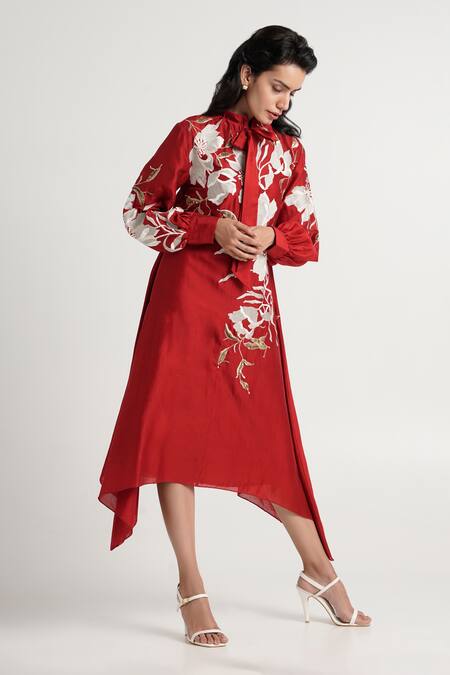 Buy_Madder Much_Red Handloom Cotton, Cotton, Silk Embroidery Aspen Inverted Hem Tie Midi Dress _Online_at_Aza_Fashions