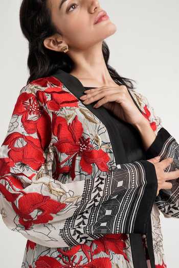 MADDER MUCH Black Cotton, Silk Embroidery, Sequins Open Neck Basil Floral Longline Jacket Online at Aza Fashions MADDER MUCH_Black Cotton, Silk Embroidery, Sequins Open Neck Basil Floral Longline Jacket _Online_at_Aza_Fashions