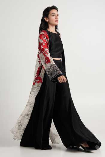 Shop MADDER MUCH Black Cotton, Silk Embroidery, Sequins Open Neck Basil Floral Longline Jacket Online at Aza Fashions Shop_MADDER MUCH_Black Cotton, Silk Embroidery, Sequins Open Neck Basil Floral Longline Jacket _Online_at_Aza_Fashions