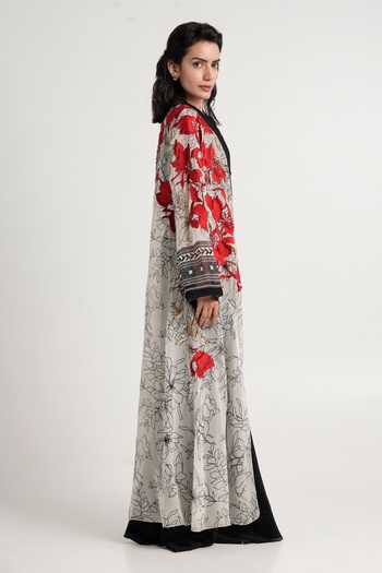 MADDER MUCH Black Cotton, Silk Embroidery, Sequins Open Neck Basil Floral Longline Jacket at Aza Fashions MADDER MUCH_Black Cotton, Silk Embroidery, Sequins Open Neck Basil Floral Longline Jacket _at_Aza_Fashions
