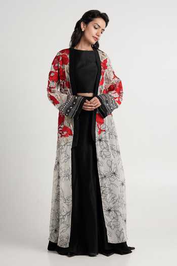 Buy_Madder Much_Black , Silk, Handloom Basil Floral Longline Jacket Pant Set _Online_at_Aza_Fashions