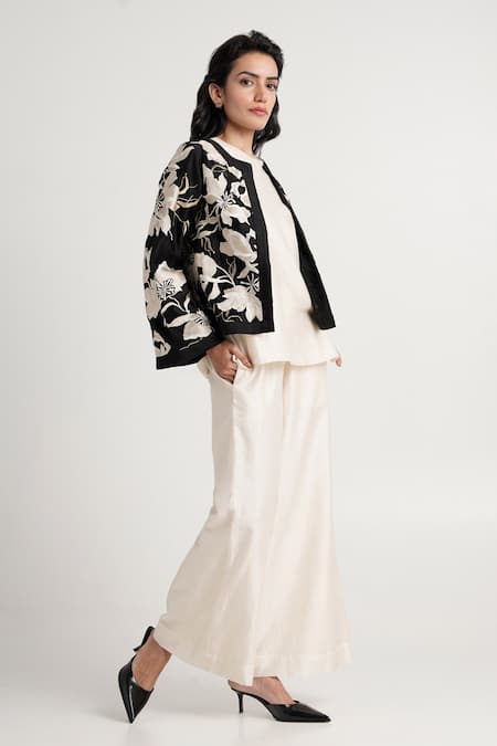 Shop Madder Much White Cotton, Silk, Chanderi Betty Twilight Monochrome Floral Jacket Pant Set at Aza Fashions Shop_Madder Much_White Cotton, Silk, Chanderi Betty Twilight Monochrome Floral Jacket Pant Set _at_Aza_Fashions
