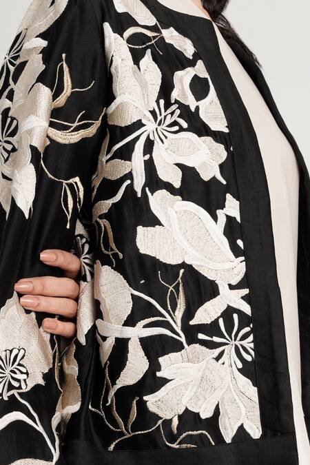 Madder Much White Cotton, Silk, Chanderi Betty Twilight Monochrome Floral Jacket Pant Set Online at Aza Fashions Madder Much_White Cotton, Silk, Chanderi Betty Twilight Monochrome Floral Jacket Pant Set _Online_at_Aza_Fashions