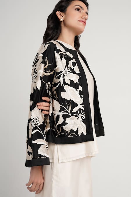 Buy Madder Much White Cotton, Silk, Chanderi Betty Twilight Monochrome Floral Jacket Pant Set Online at Aza Fashions Buy_Madder Much_White Cotton, Silk, Chanderi Betty Twilight Monochrome Floral Jacket Pant Set _Online_at_Aza_Fashions