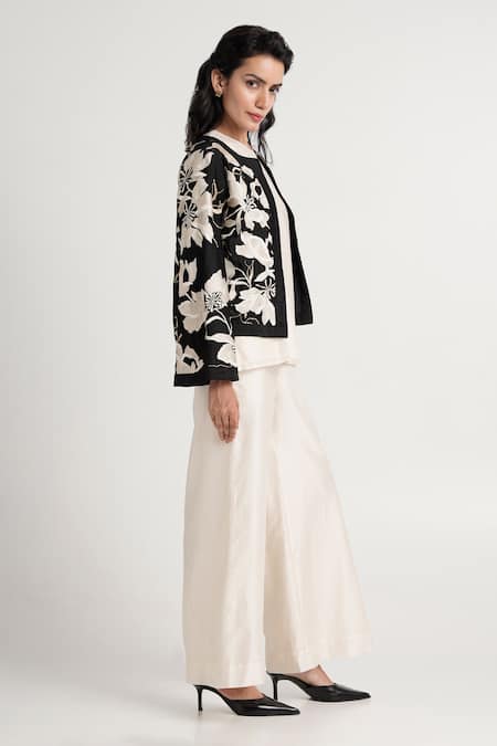 Shop Madder Much White Cotton, Silk, Chanderi Betty Twilight Monochrome Floral Jacket Pant Set Online at Aza Fashions Shop_Madder Much_White Cotton, Silk, Chanderi Betty Twilight Monochrome Floral Jacket Pant Set _Online_at_Aza_Fashions