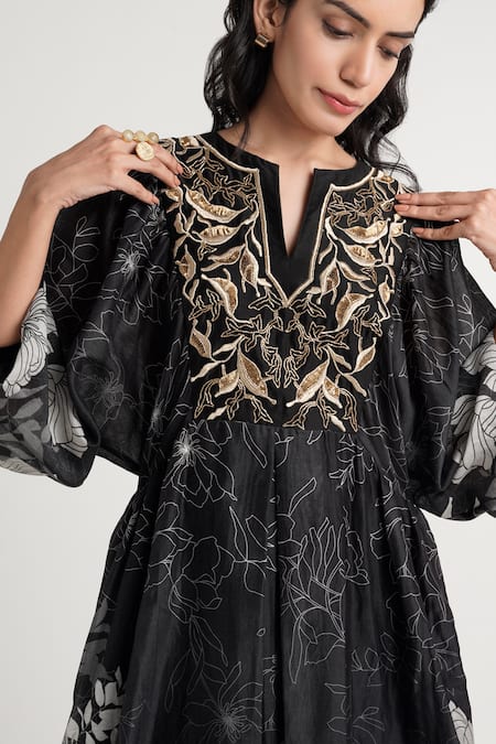 Madder Much_Black Cotton, Silk Embroidery Split V-neck Harper Midi Dress _Online_at_Aza_Fashions