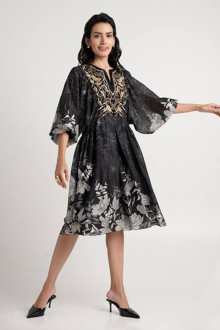 Buy_Madder Much_Black Cotton, Silk Embroidery Split V-neck Harper Midi Dress _Online_at_Aza_Fashions