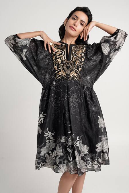 Shop_Madder Much_Black Cotton, Silk Embroidery Split V-neck Harper Midi Dress _Online_at_Aza_Fashions
