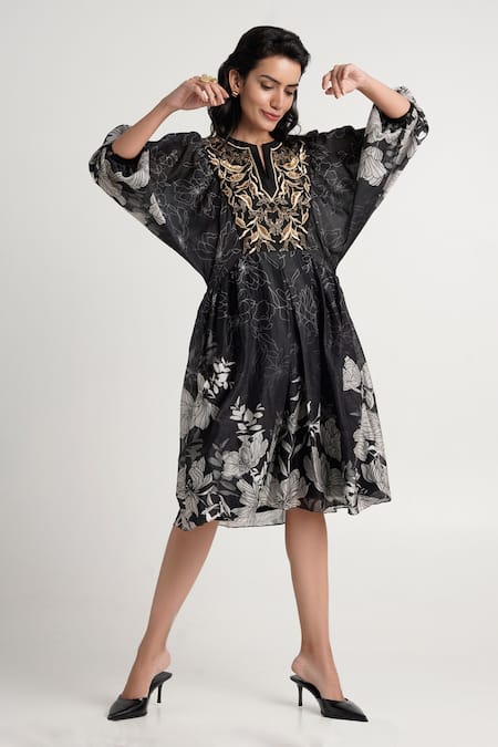 Madder Much_Black Cotton, Silk Embroidery Split V-neck Harper Midi Dress _at_Aza_Fashions