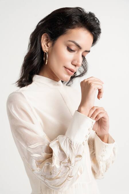 Shop Madder Much White Handloom Cotton, Cotton, Chanderi Silk Abe Pleated Tunic And Pant Set Online at Aza Fashions Shop_Madder Much_White Handloom Cotton, Cotton, Chanderi Silk Abe Pleated Tunic And Pant Set _Online_at_Aza_Fashions