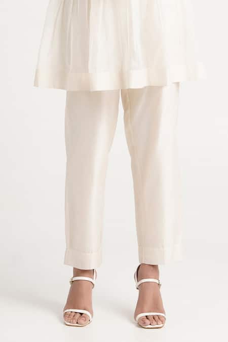 Shop_Madder Much_White Handloom Cotton, Chanderi Silk Abe Tonal Peplum Tunic And Pant Set _Online_at_Aza_Fashions