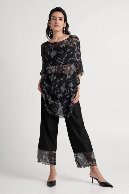 Shop Madder Much Black Handloom Cotton, Silk, Chanderi Kori Floral Pattern Slip-on Tunic Pant Set Online at Aza Fashions Shop_Madder Much_Black Handloom Cotton, Silk, Chanderi Kori Floral Pattern Slip-on Tunic Pant Set _Online_at_Aza_Fashions