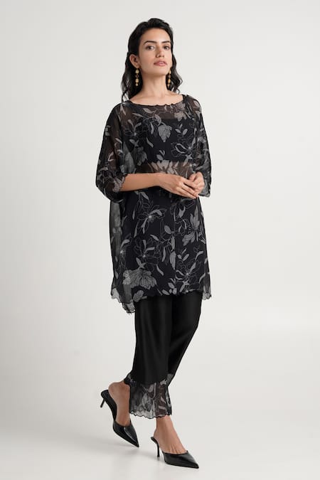 Madder Much Black Handloom Cotton, Silk, Chanderi Kori Floral Pattern Slip-on Tunic Pant Set at Aza Fashions Madder Much_Black Handloom Cotton, Silk, Chanderi Kori Floral Pattern Slip-on Tunic Pant Set _at_Aza_Fashions