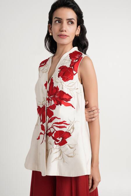 Buy_Madder Much_Red Handloom Cotton, Silk, Chanderi Silk, Kubra Floral Peplum Tunic And Pant Set _Online_at_Aza_Fashions