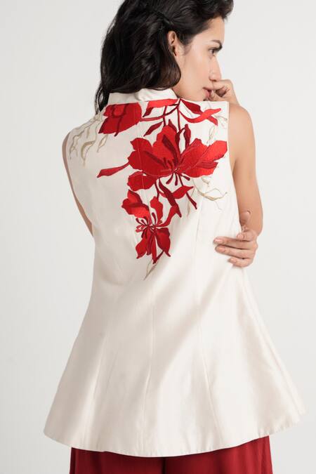 Shop_Madder Much_Red Handloom Cotton, Silk, Chanderi Silk, Kubra Floral Peplum Tunic And Pant Set _Online_at_Aza_Fashions