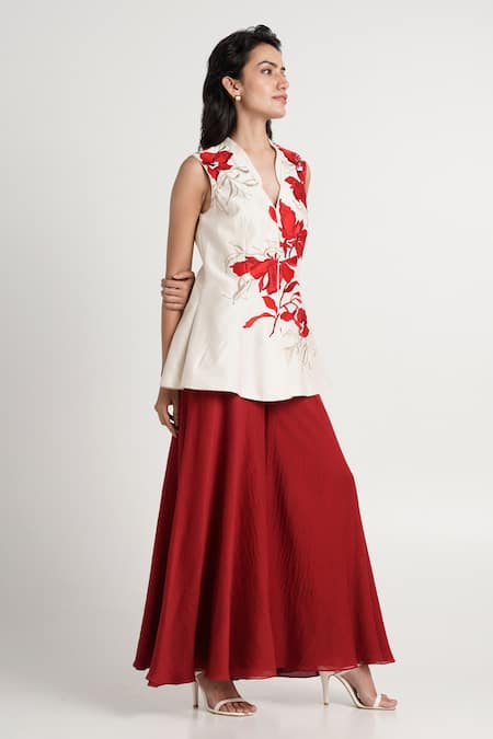 Madder Much_Red Handloom Cotton, Silk, Chanderi Silk, Kubra Floral Peplum Tunic And Pant Set _at_Aza_Fashions