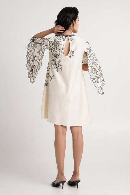 Madder Much_Ivory Handloom Cotton Embroidery Round Neck Leo Floral Cutwork Short Dress _Online_at_Aza_Fashions