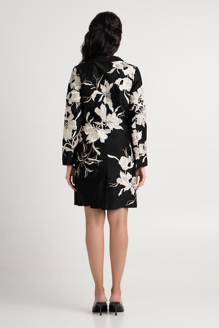 Shop Madder Much Black Cotton, Silk, Rayon Embroidery V-neck Lucas Overlap Blazer Dress at Aza Fashions Shop_Madder Much_Black Cotton, Silk, Rayon Embroidery V-neck Lucas Overlap Blazer Dress _at_Aza_Fashions