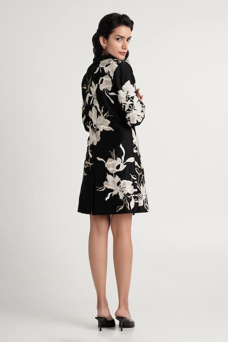 Madder Much Black Cotton, Silk, Rayon Embroidery V-neck Lucas Overlap Blazer Dress Online at Aza Fashions Madder Much_Black Cotton, Silk, Rayon Embroidery V-neck Lucas Overlap Blazer Dress _Online_at_Aza_Fashions